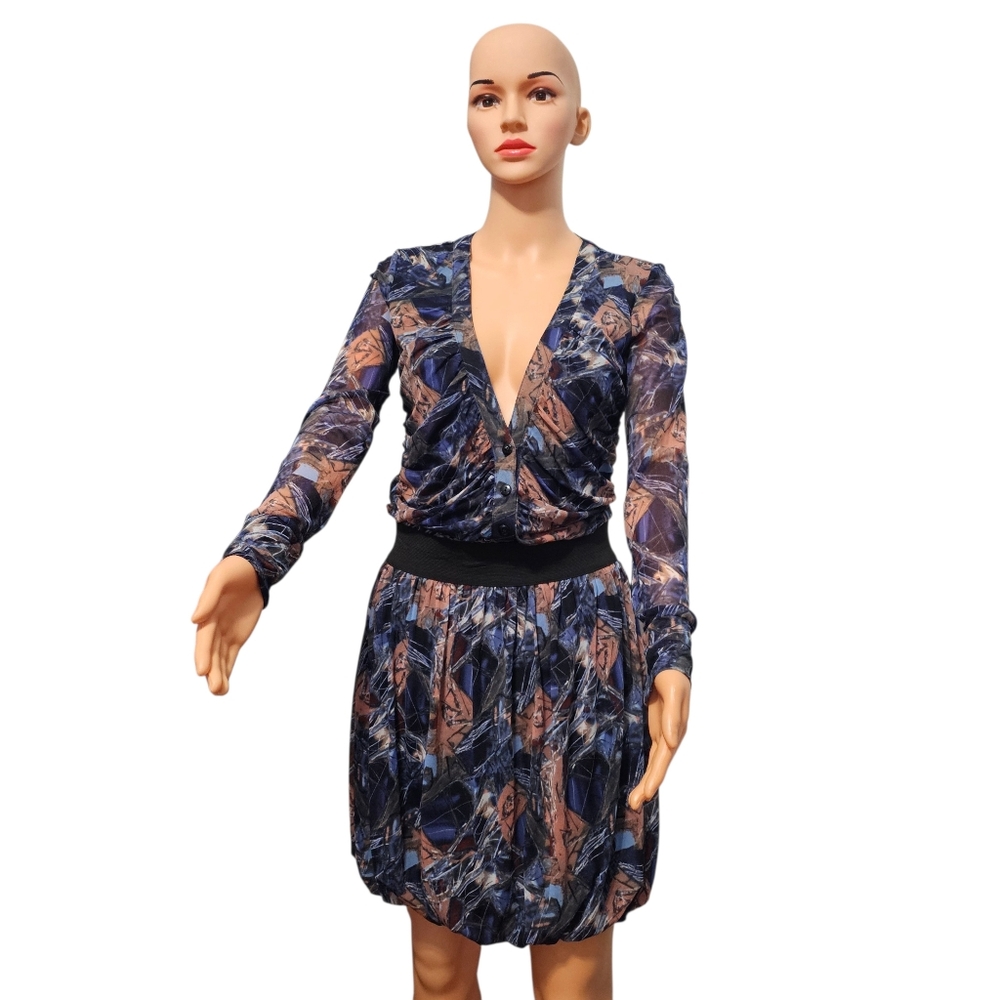 Vivienne Tam Vintage Rare 90's Semi-Sheer Mesh Blue/Coral Print Long Sleeve Sz S